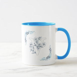 Anfangs "V" Blaues Monogramm Ruhige Florale Kaffee Tasse
