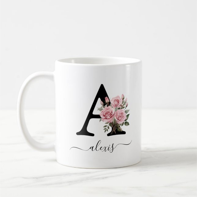 Anfangsbezeichnung einer rosa Rosenblütenblütenbez Kaffeetasse (Links)