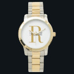 Anfangsbezeichnung für personalisiertes Gold Monog Armbanduhr<br><div class="desc">Benutzerdefinierte Uhr personalisiert mit Ihrem Namen und einzigartigem Monogramm. Klicken Sie auf Anpassen, um Schriftart und Farben zu bearbeiten oder um eigene Texte und Bilder hinzuzufügen, um ein einzigartiges Geschenk zu erstellen. Einfach anzupassen. Golf im Stil. Bestelle noch heute!</div>