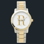 Anfangsbezeichnung für personalisiertes Gold Monog Armbanduhr<br><div class="desc">Benutzerdefinierte Uhr personalisiert mit Ihrem Namen und einzigartigem Monogramm. Klicken Sie auf Anpassen,  um Schriftart und Farben zu bearbeiten oder um eigene Texte und Bilder hinzuzufügen,  um ein einzigartiges Geschenk zu erstellen. Einfach anzupassen. Golf im Stil. Bestelle noch heute!</div>