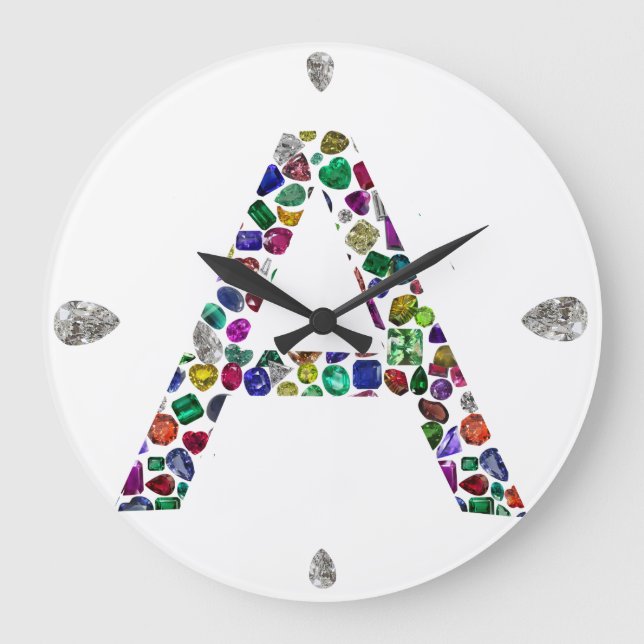 Anfangsbuchstabe A mit Gemstone Floral Monogram Große Wanduhr (Vorderseite)