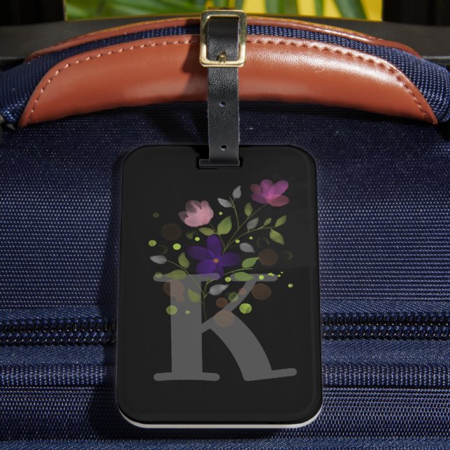 Anfangsbuchstabe K Plus Floral Design Gepäckmarke Gepäckanhänger (Vorderseite Insitu 2)
