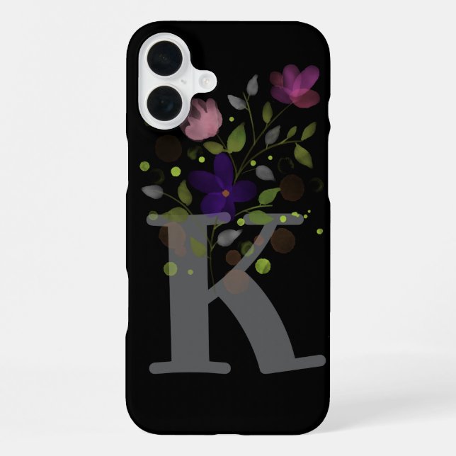 Anfangsbuchstabe K plus florales Design iPhone 16 Plus Hülle (Rückseite)