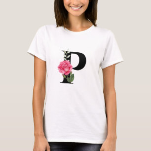 Anfangsbuchstabe P in Schwarz mit rosa Rose T-Shirt