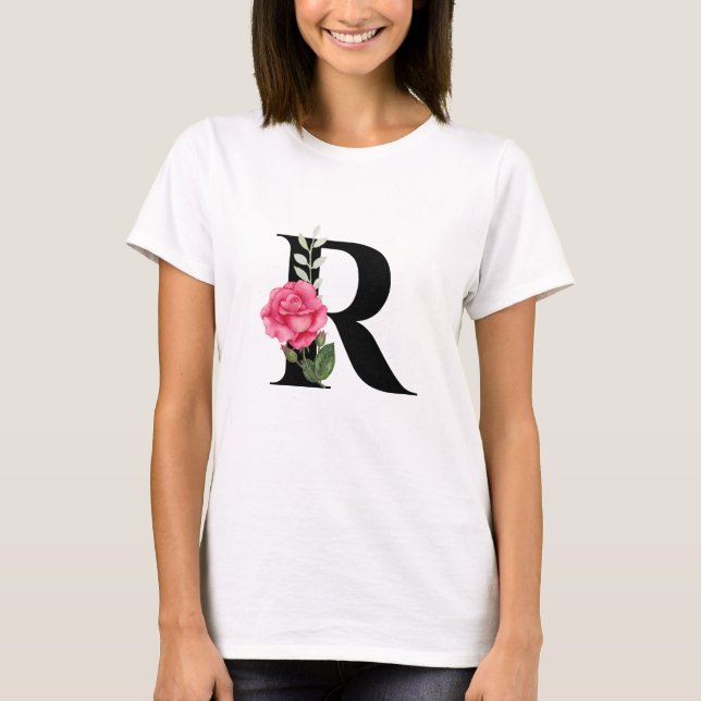 Anfangsbuchstabe R in Schwarz mit rosa Rose T-Shirt (Vorderseite)