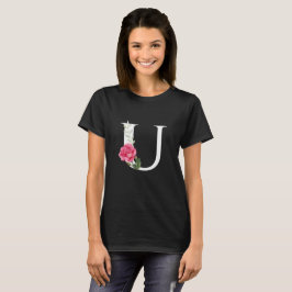 Anfangsbuchstabe U in weiß mit rosa Rose T-Shirt