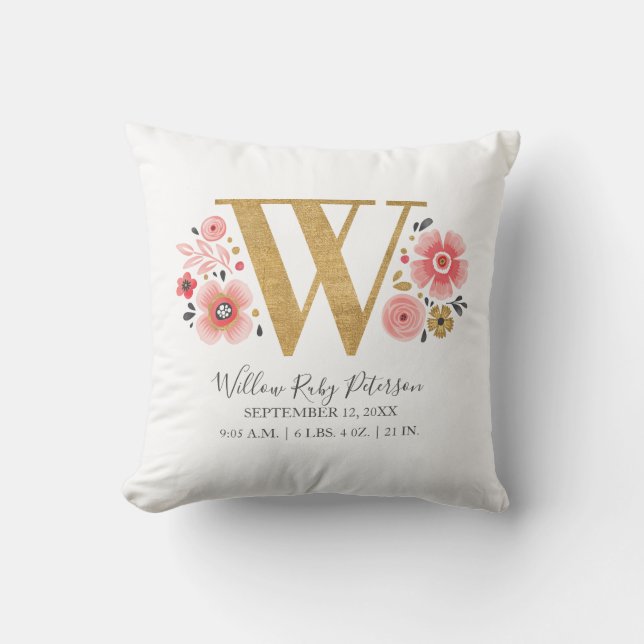 Anfangsbuchstabe W Pink Floral Monogram Kissen (Vorderseite)