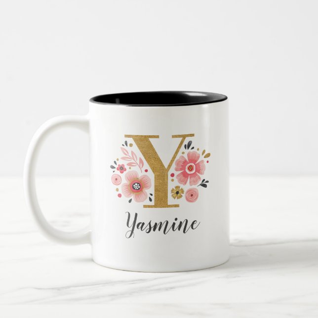Anfangsbuchstabe Y für Monogramm rosa Floral Zweifarbige Tasse (Links)