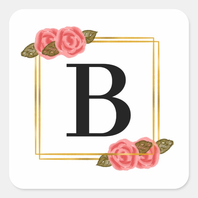 Anfangsbuchstaben | Buchstabe B mit goldenem Rahme Quadratischer Aufkleber (Vorderseite)