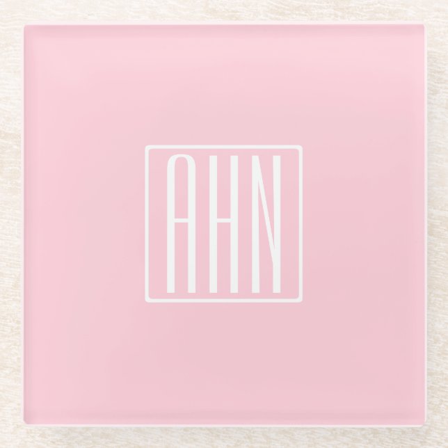Anfangsbuchstaben Monogramm | Weiß auf Hellrosa Glasuntersetzer (Vorderseite)