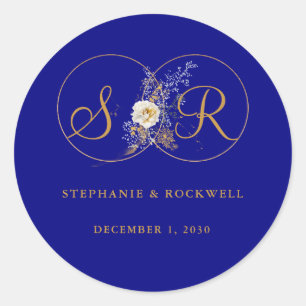 Anfangshochzeit des Blue Gold Monogram Runder Aufkleber