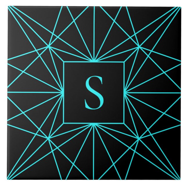 Anfangsmonogramm | Türkis geometrisches Design Fliese (Vorderseite)