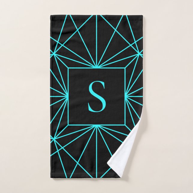Anfangsmonogramm | Türkisfarbene Geometrie Badhandtuch Set (Handtuch)