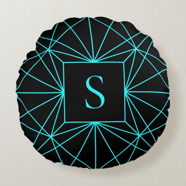 Anfangsmonogramm | Türkisfarbene Geometrie Rundes Kissen (Vorderseite)