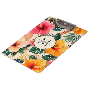 Anfangsname auf lebendiger tropischer Hibiskus-Blu Klemmbrett