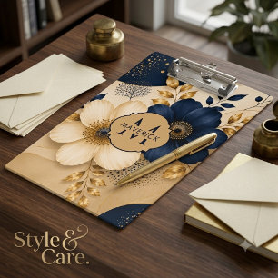 Anfangsname auf Marineblau und Gold Botanical Flor Klemmbrett