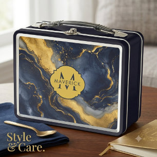 Anfangsname auf Navy Gold Abstract Marble FluidArt Metall Brotdose