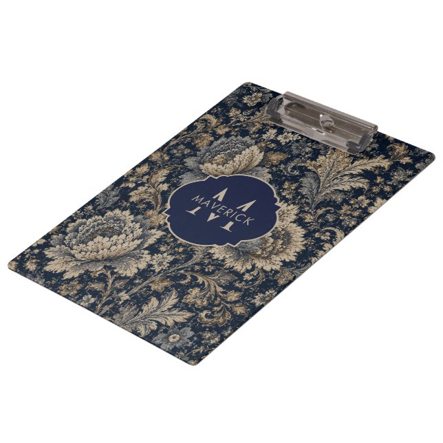 Anfangsname auf Navy Gold Botanical Textilmuster Klemmbrett (Schrägansicht)