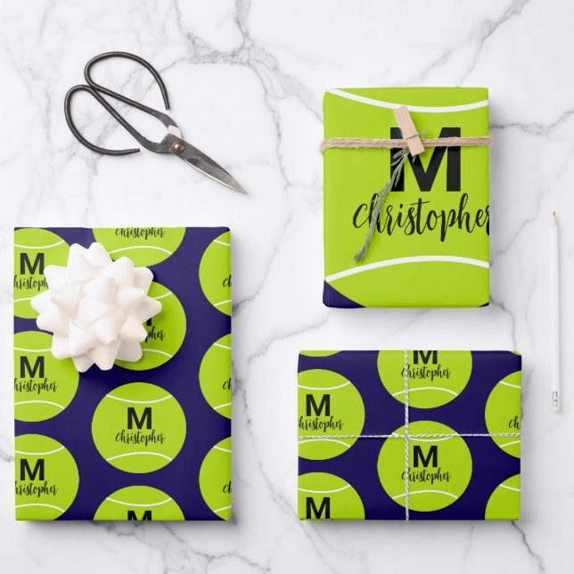 Anfangsname der personalisierten Tennis Monogram Geschenkpapier Set (Vorderseite)
