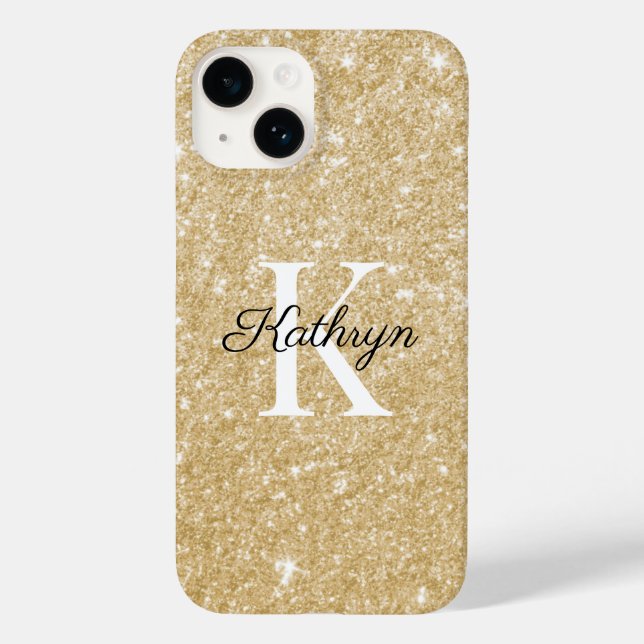 Anfangsname des Gold Glitzer Monogram Case-Mate iPhone 14 Hülle (Rückseite)