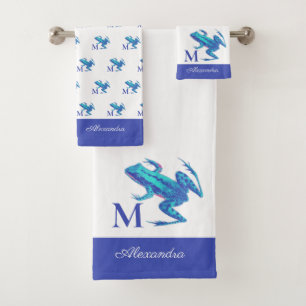 Anfangsname des modernen Blue Tree Frog Monogram Badhandtuch Set