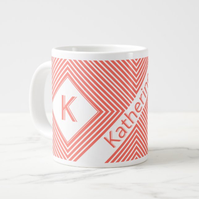 Anfangsname | Funky Diagonal Coral/White Stripes Jumbo-Tasse (Vorderseite Links)
