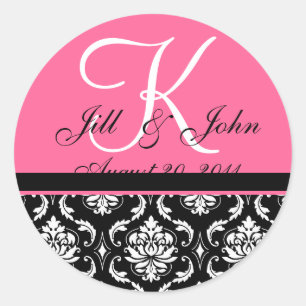 Anfangsnamen des Hochzeitmonogramms Rosa Damask-Si Runder Aufkleber