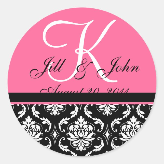 Anfangsnamen des Hochzeitmonogramms Rosa Damask-Si Runder Aufkleber (Vorderseite)