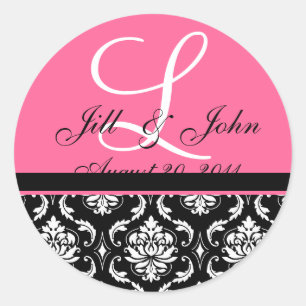 Anfangsnamen des Hochzeitmonogramms Rosa Damask-Si Runder Aufkleber