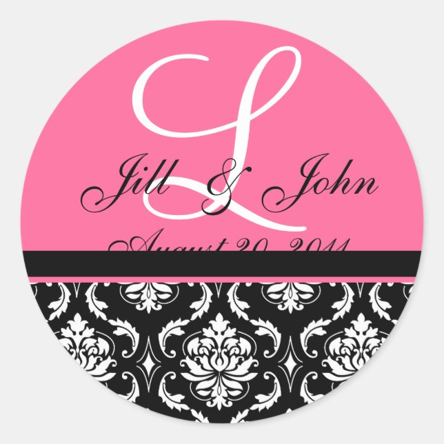 Anfangsnamen des Hochzeitmonogramms Rosa Damask-Si Runder Aufkleber (Vorderseite)