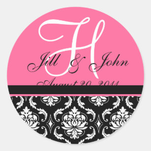 Anfangsnamen des Hochzeitmonogramms Rosa Damask-Si Runder Aufkleber