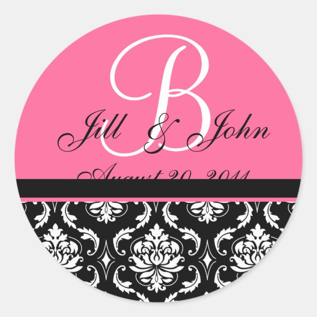 Anfangsnamen des Hochzeitmonogramms Rosa Damask-Si Runder Aufkleber (Vorderseite)