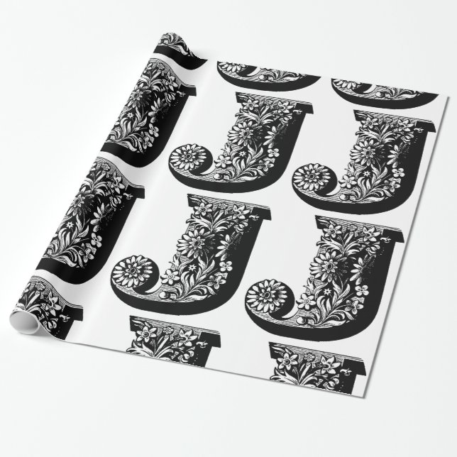 Anfangsschwarzweiss-Blumenmuster des Monogramm-J Geschenkpapier (Ungerollt)