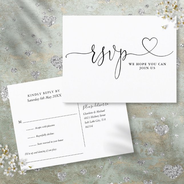 Anfrage nach schwarzem und weißem Hörbild Einladungspostkarte (Heart Script Black And White Song Request Invitation Postcard)