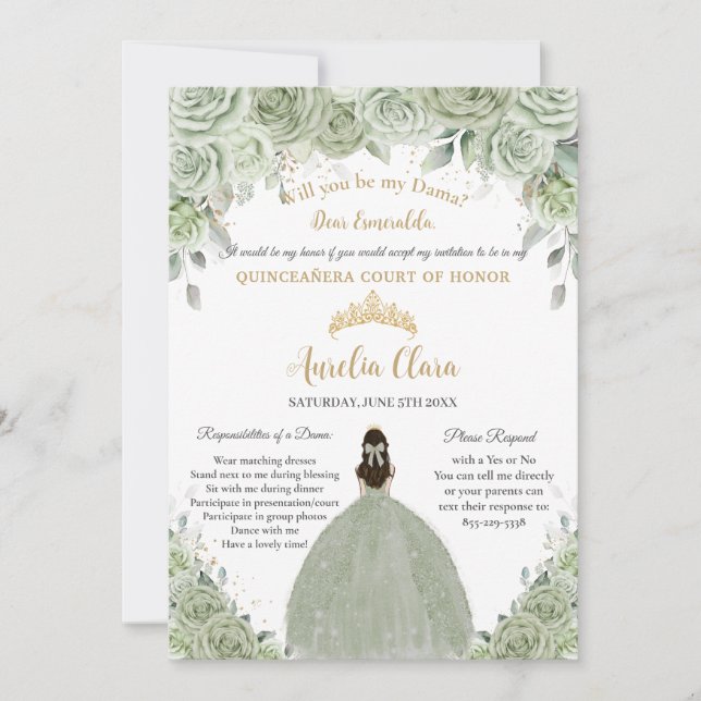 Anfrage von Quinceañera Sage Green Floral Dama Einladung (Vorderseite)