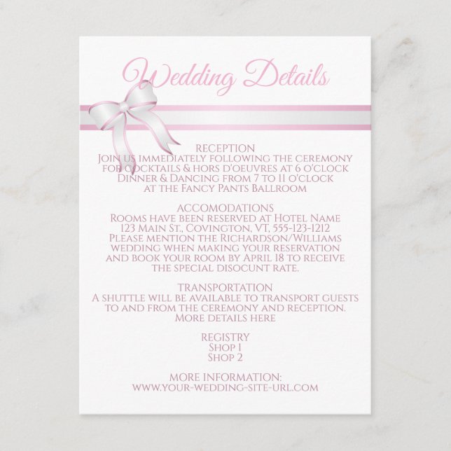 Angaben zum Hochzeitskalender mit weißem und rosa  Begleitkarte (Vorderseite)