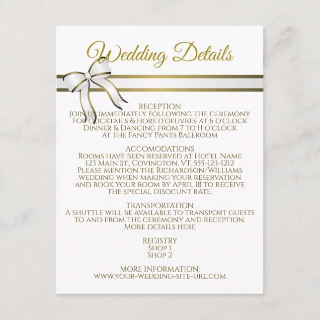 Angaben zum Hochzeitskalender von White & Gold Rib Begleitkarte (Vorderseite)