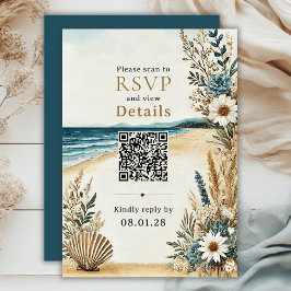 Angaben zum QR-Code für Coastal Chic Beach-Hochzei RSVP Karte