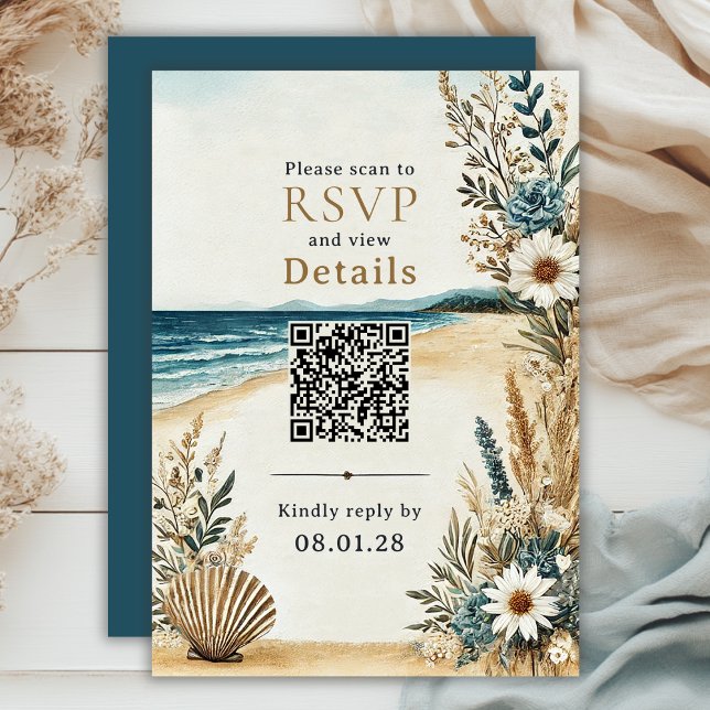 Angaben zum QR-Code für Coastal Chic Beach-Hochzei RSVP Karte (Coastal Chic Beach Wedding QR Code Details and RSVP Card)