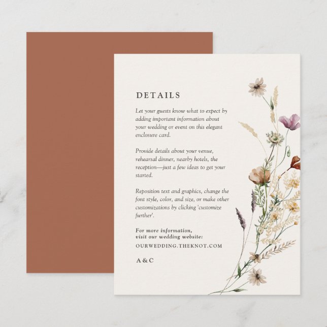 Angaben zur Boho Fall-Wildblume bei Hochzeiten Begleitkarte (Vorne/Hinten)