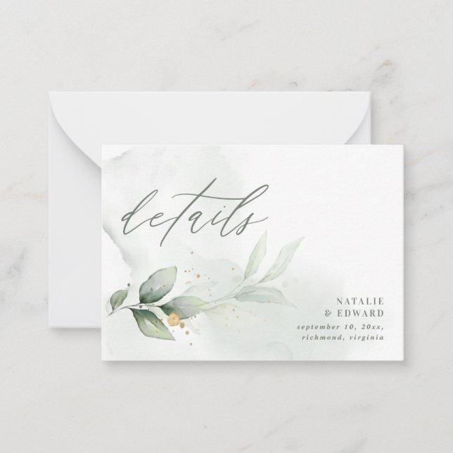 Angaben zur botanischen Eukalyptus-Hochzeit Mitteilungskarte (Vorderseite)