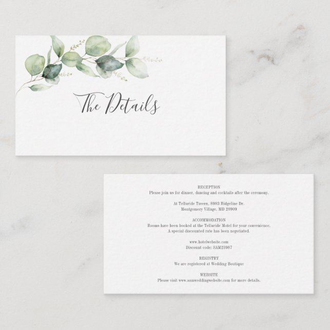 Angaben zur Eukalyptus Botanical Wedding Begleitkarte (Vorne/Hinten)