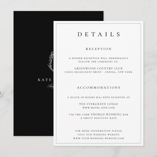 Angaben zur Hochzeit des Botanischen Wappen Begleitkarte (Vorne/Hinten)