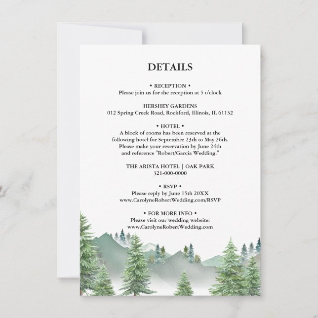 Angaben zur Hochzeit im Bergwald Einladung (Vorderseite)
