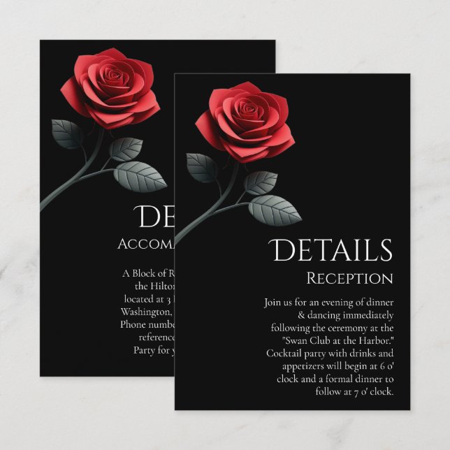 Angaben zur Hochzeit - Rote Rose - Begleitkarte (Vorne/Hinten)