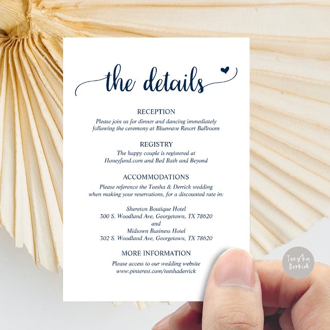 Angaben zur Hochzeit, rustikale Skripteinschlusska Begleitkarte (Wedding Details, Rustic Script Enclosure Card, in Navy Blue)