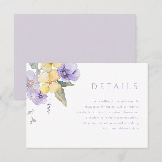 Angaben zur Hochzeit von Lavender Lila & Sunshine Begleitkarte (Vorne/Hinten)