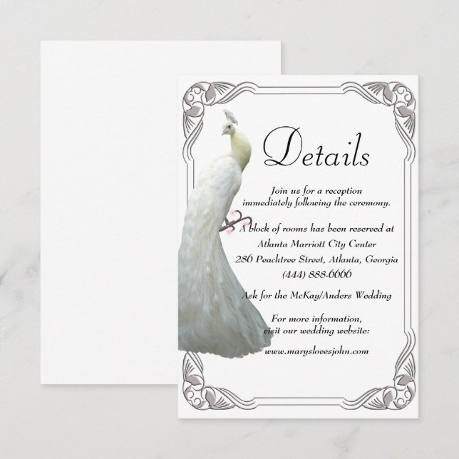 Angaben zur Hochzeit von weißem Pfauenhahn Begleitkarte (Vorne/Hinten)