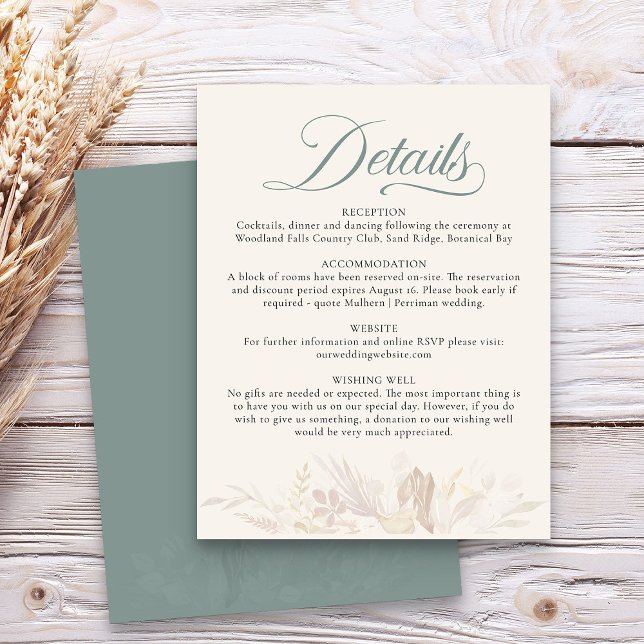 Angaben zur Hochzeitssage im grünen Botanischen Fo Begleitkarte (Sage Green wedding details enclosure card - Foliage Duet wedding collection)
