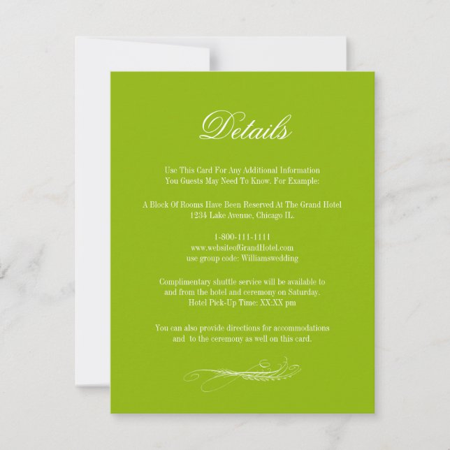 Angaben zur Hochzeitsszenierung von Toile & Kallig RSVP Karte (Vorderseite)